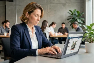 Professionnelle en blazer marine consultant un réseau social professionnel sur son ordinateur portable dans un espace de co-working moderne