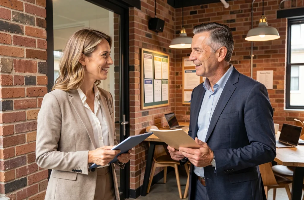 Deux professionnels en reconversion discutant de leur intérêt pour de nouveaux postes dans un espace de coworking