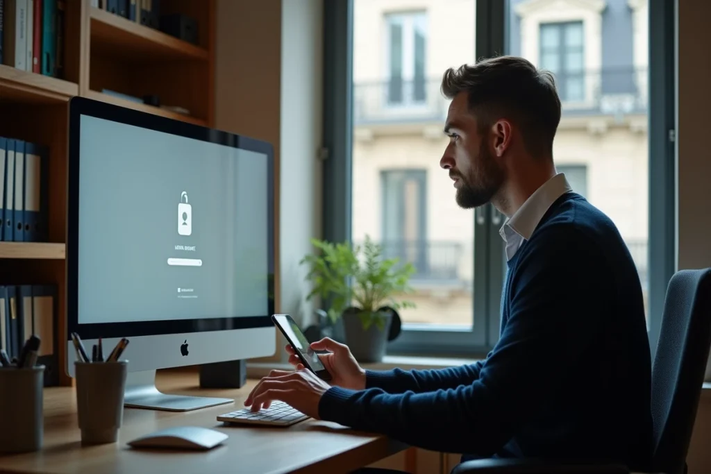 Homme au bureau consultant son téléphone et son ordinateur pour récupérer l'accès à son compte IntraParis
