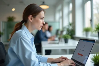 Femme devant un ordinateur portable avec une page de réinitialisation de mot de passe IntraParis affichée à l'écran