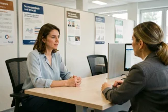Femme en entretien conseil avec un conseiller France Travail en agence lors d'un rendez-vous en présentiel