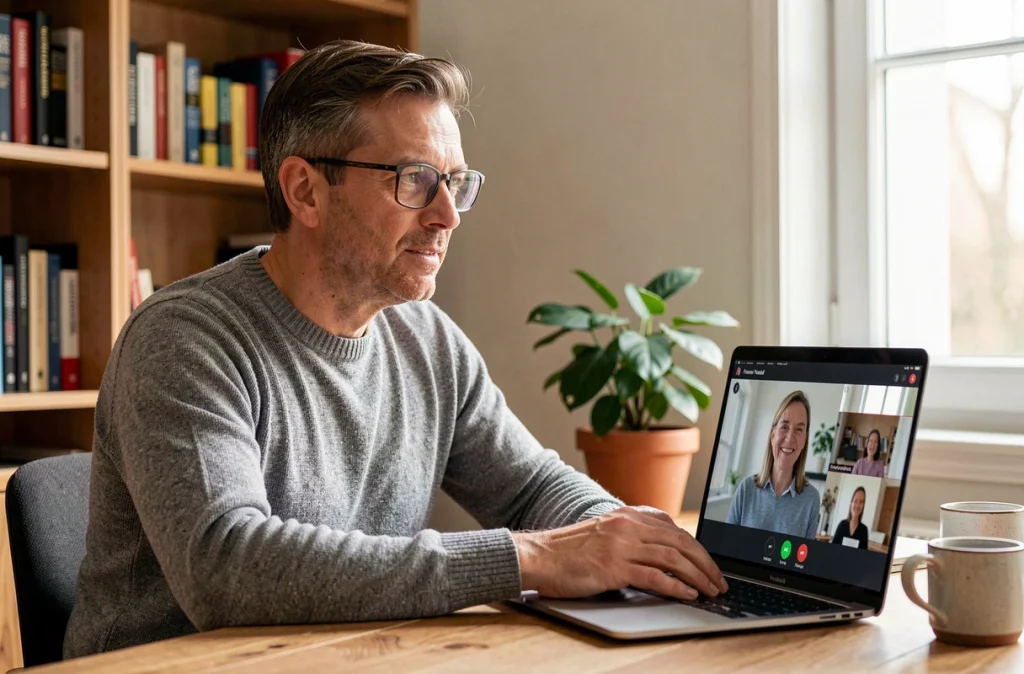 Homme participant à un rendez-vous conseil France Travail en ligne depuis son bureau à domicile via visioconférence