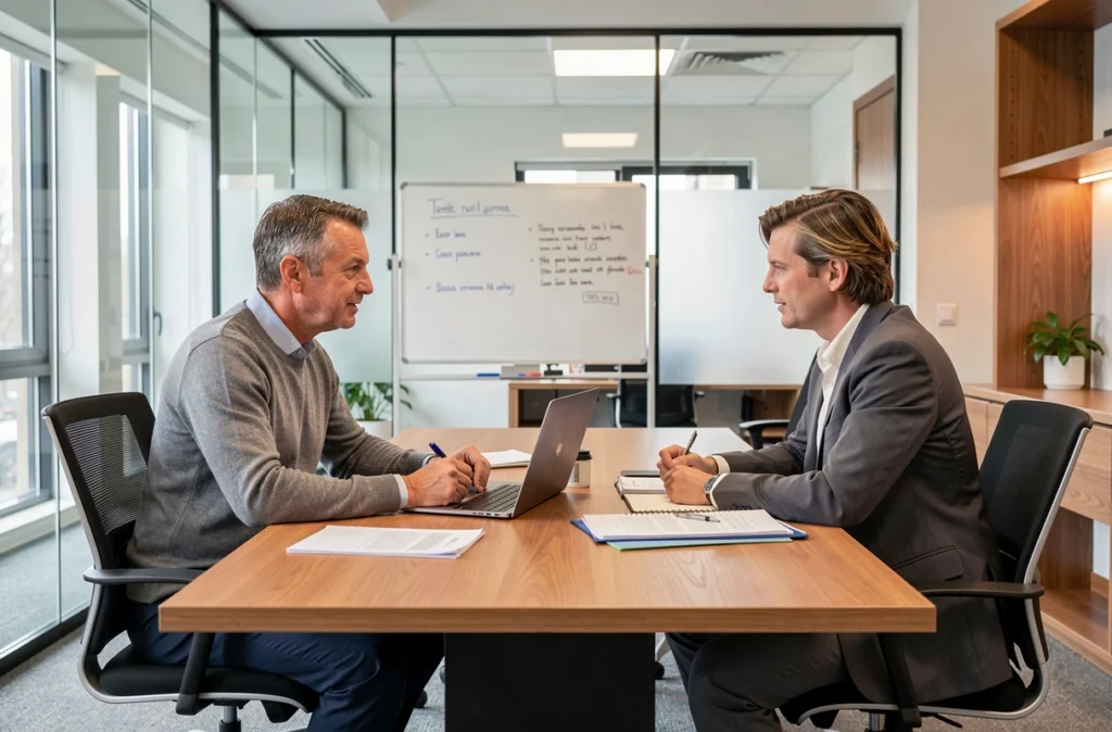 Réunion entre un travailleur indépendant et un conseiller en portage salarial dans une salle de réunion professionnelle