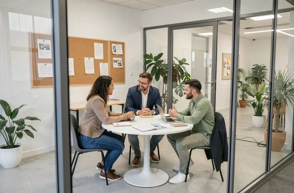 Équipe de professionnels en réunion dans une salle vitrée d'un espace de coworking à Chambéry