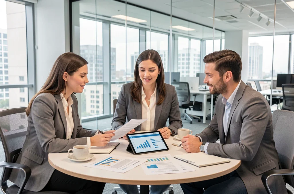 Équipe de professionnels en réunion stratégique discutant de la place d'un média digital face aux réseaux sociaux professionnels