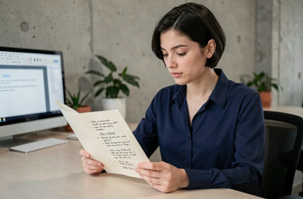Jeune femme révisant un mémoire annoté à la main dans un espace de coworking épuré