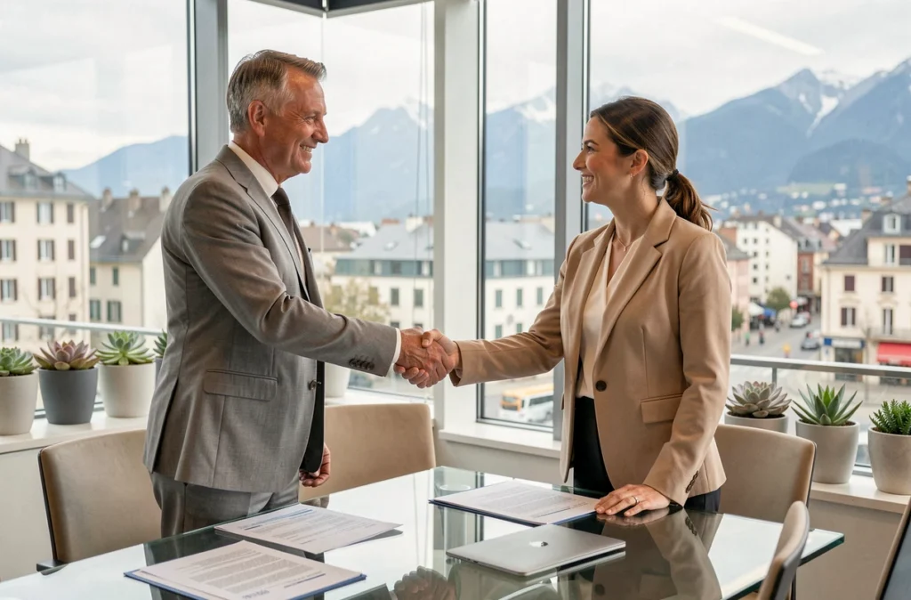 Signature d'un contrat de portage salarial entre un freelance et un représentant d'une société à Chambéry