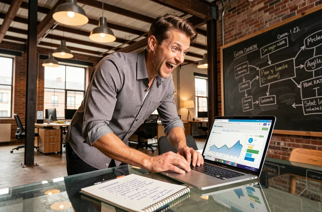Consultant en marketing digital de Snazzy analysant des données SEO e-commerce en temps réel dans un studio loft avec tableau noir et poutres en acier apparentes