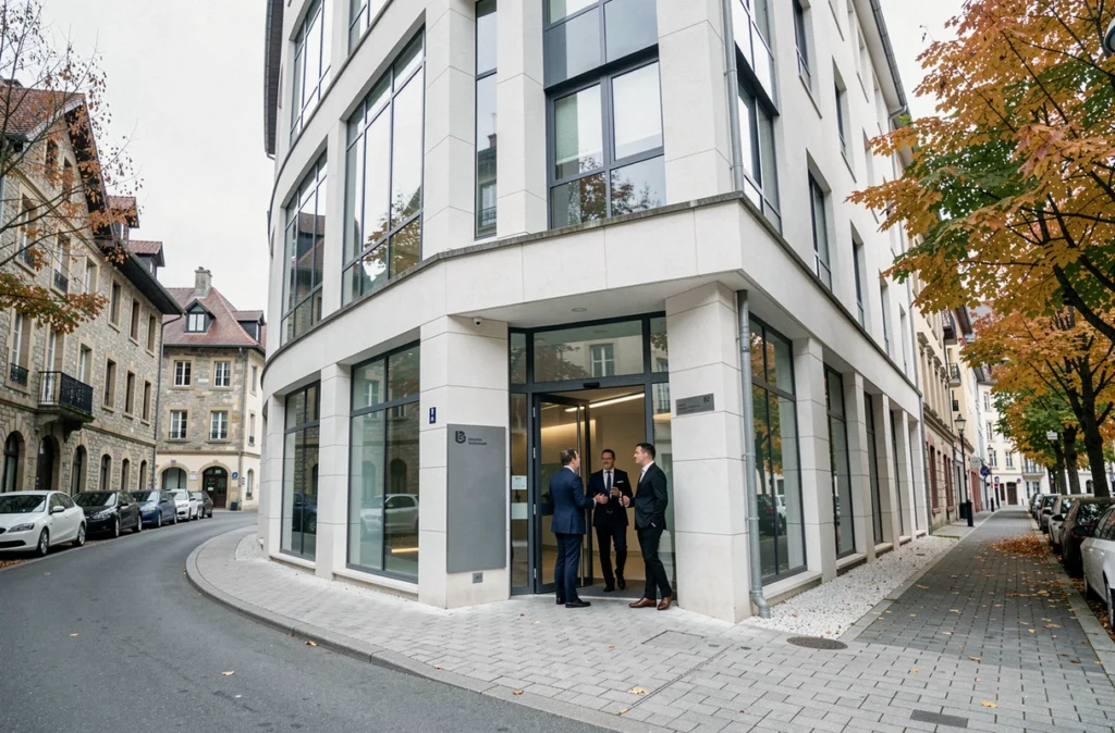 Immeuble de bureaux d'une société de portage salarial dans le centre-ville de Chambéry avec des professionnels à l'entrée