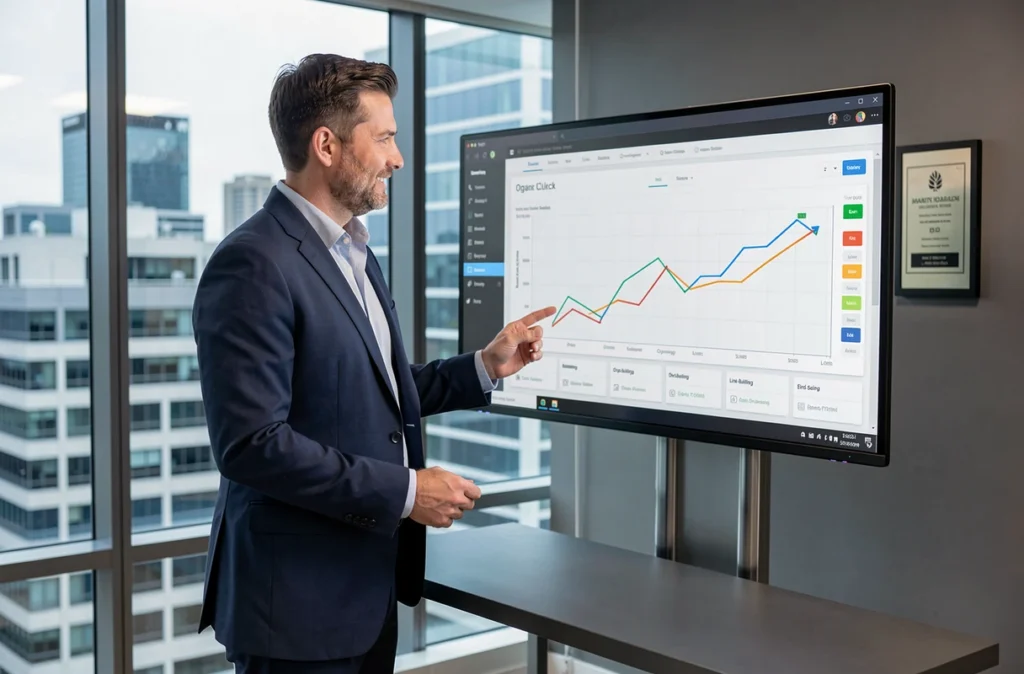 Chef de projet SEO de Starboost analysant un tableau de bord de progression des classements organiques dans un bureau exécutif avec vue sur le quartier d'affaires