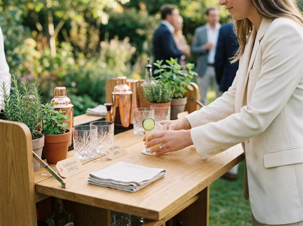 Gros plan d'une station cocktail raffinée avec mobilier en chêne naturel, accessoires de bar en cuivre et herbes fraîches pour un cocktail sans stress