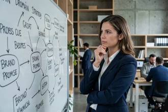 Femme d'affaires analysant une stratégie de domaines multiples sur un tableau blanc dans un bureau moderne