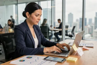 Une professionnelle en blazer marine gérant simultanément plusieurs appareils connectés dans un bureau moderne pour illustrer une stratégie omnicanale