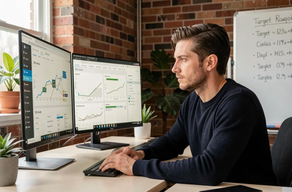 Développeur web de Target Web analysant des rapports SEO sur deux écrans dans un bureau moderne avec mur en briques apparentes