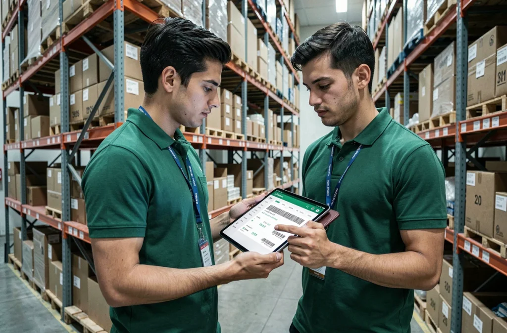 Un technicien de entrepôt consultant un logiciel de gestion de stock sur tablette dans un stockroom professionnel