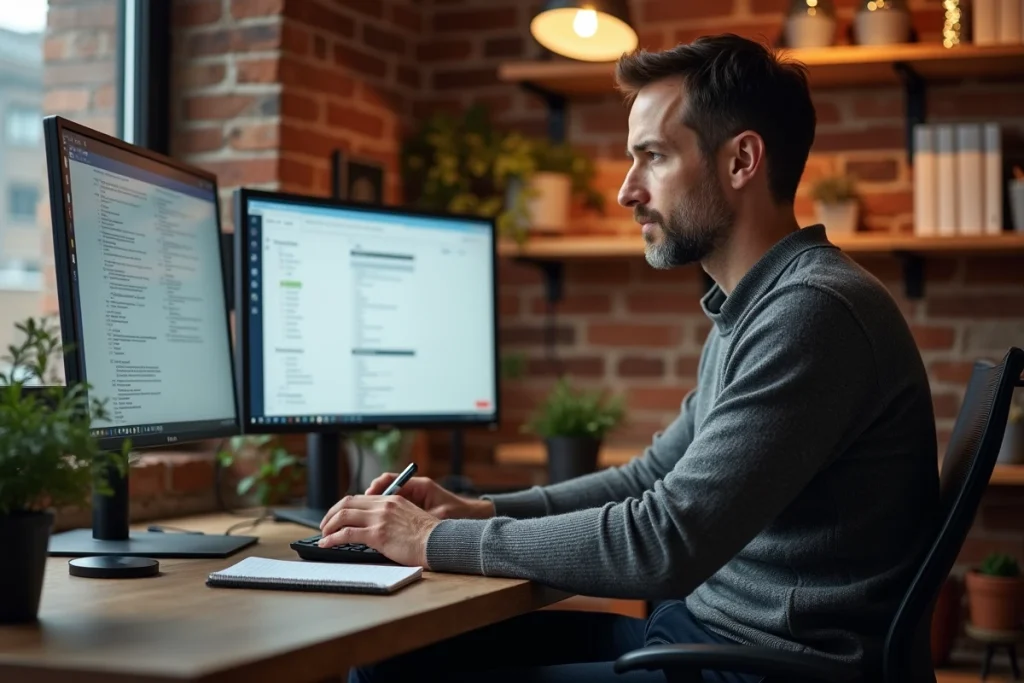 Homme en télétravail utilisant un portail extranet pour engager son équipe depuis son bureau à domicile