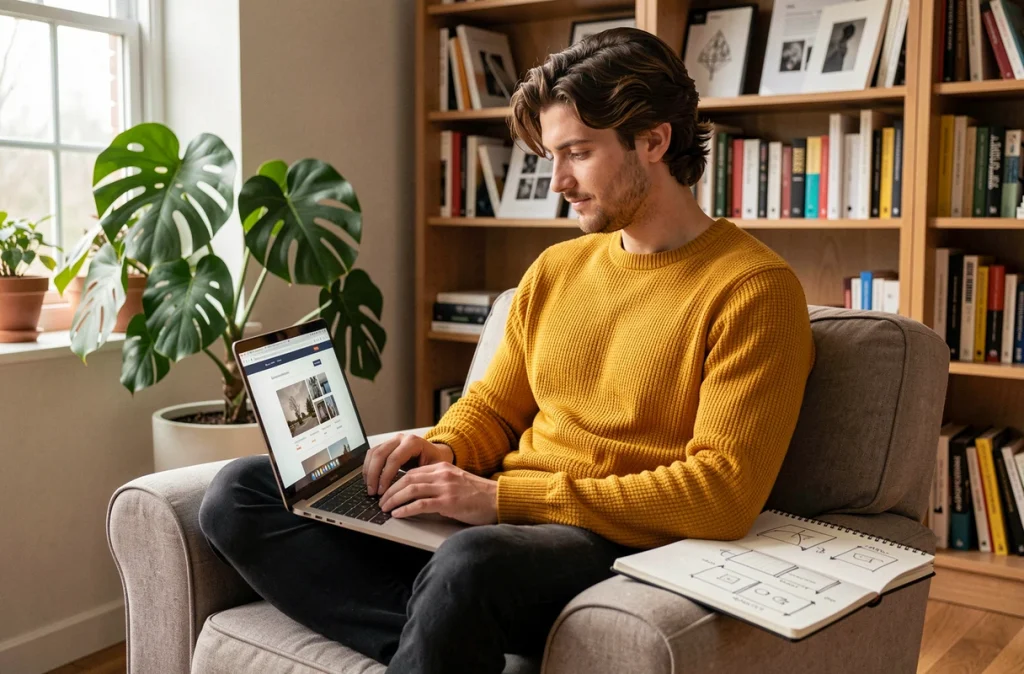 Thibaut Papin, designer web freelance, travaillant sur un projet de refonte de site internet depuis son studio personnel chaleureux en Haute-Savoie