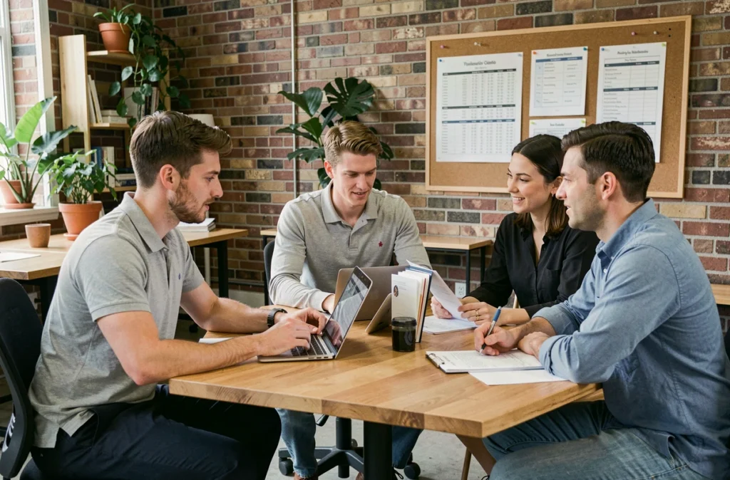 Travailleurs indépendants d'une coopérative de service à la personne collaborant autour d'un bureau dans un espace de travail partagé