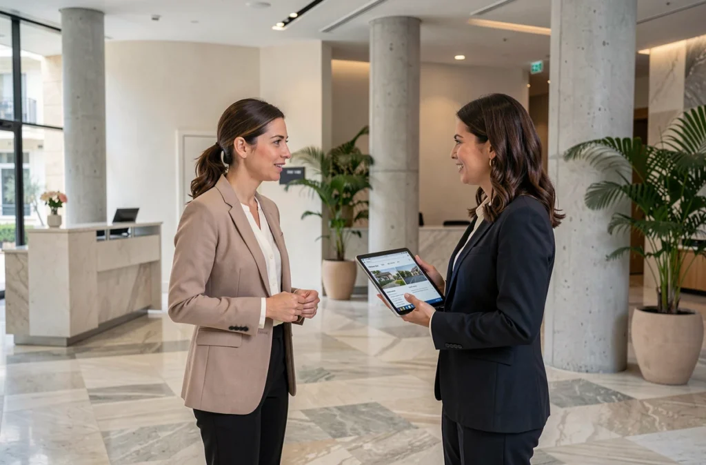 Femme d'affaires discutant d'une location de bureau avec un agent immobilier dans un immeuble moderne à Monaco
