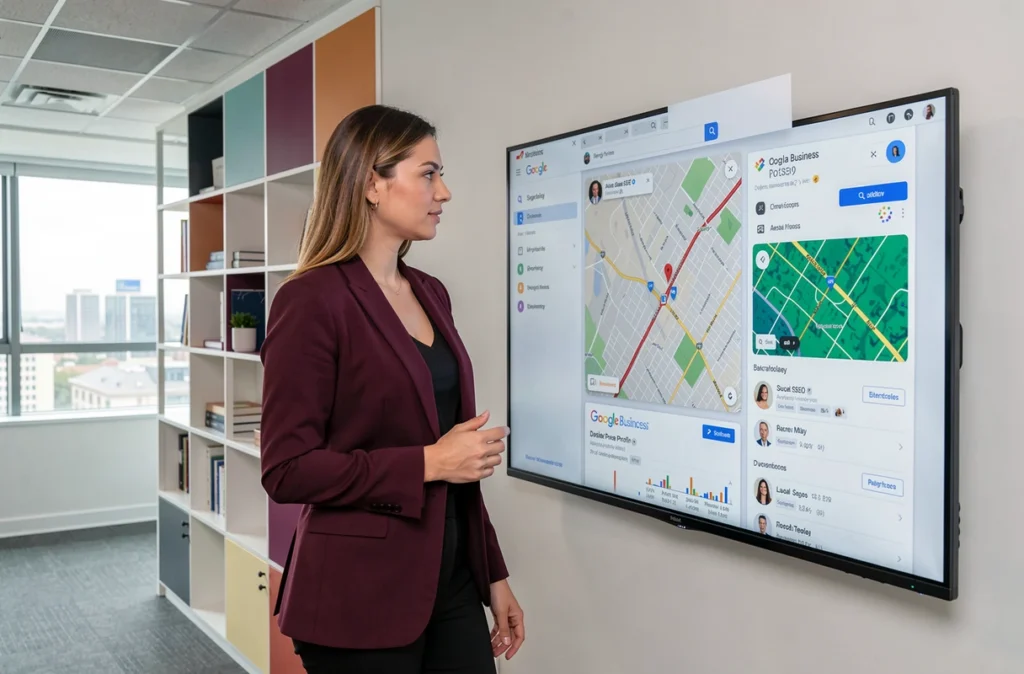 Stratège digitale de YATEO présentant un tableau de bord SEO local et des cartes thermiques dans un bureau d'agence moderne